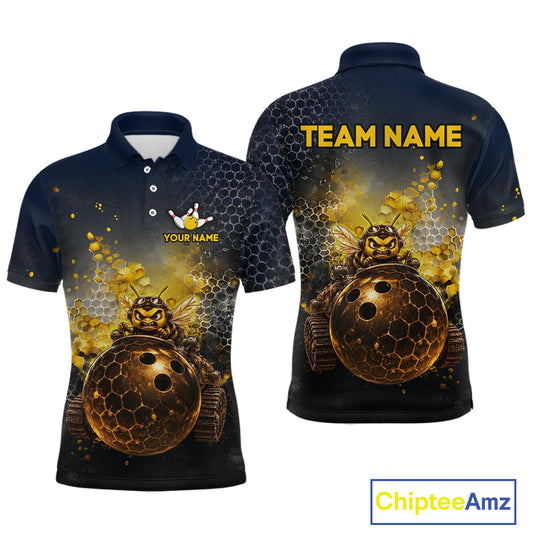  Custom black & gold funny bee bowling polo shirt, front and back views, bowling league jersey for men