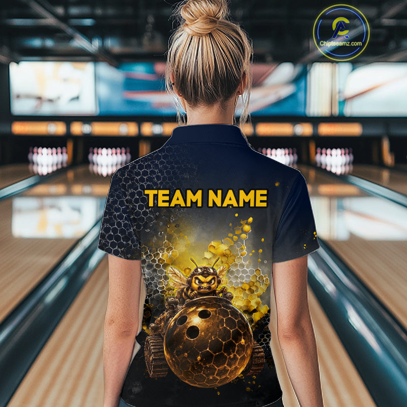 Woman wearing custom black & gold funny bee bowling 1/4 zip shirt, back view mockup with team name design.