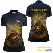 Load image into Gallery viewer, Custom black &amp; gold funny bee bowling quarter-zip shirt, front and back views, bowling league jersey for women