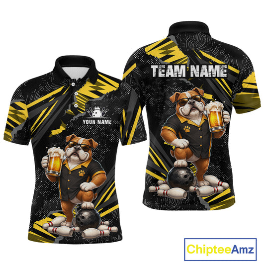 Front and back views of a custom black and yellow short-sleeve polo shirt featuring a bulldog mascot in a bowling uniform holding bowling balls and pins. The shirt includes customizable text placeholders 'TEAM NAME' and 'YOUR NAME'.