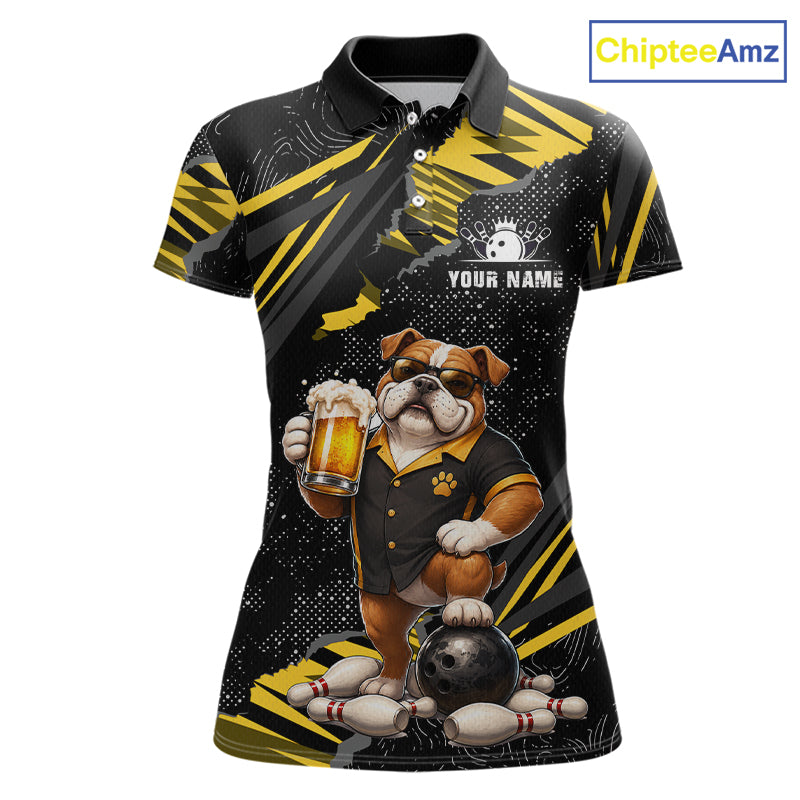 A women's short-sleeve polo shirt with a black and yellow abstract graphic background and a large printed illustration of a bulldog holding a beer mug and bowling ball, with 'YOUR NAME' text on the chest. The shirt is shown on a white background with a ChipteeAmz logo in the top right corner.