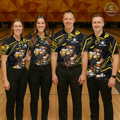 Four people standing together in a bowling alley wearing matching black and yellow bowling shirts with a bulldog and beer graphic, paired with black pants.