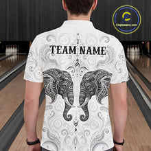 Load image into Gallery viewer, Man wearing custom black &amp; white tribal elephant bowling polo shirt, back view mockup, personalized bowling league jersey.