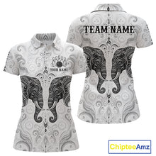 Load image into Gallery viewer, Custom black &amp; white tribal elephant  bowling polo shirt, front and back views, bowling league jersey for women