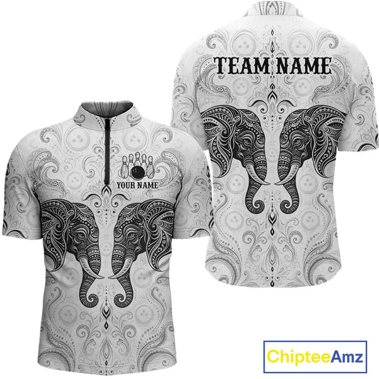 Custom black & white tribal elephant  bowling quarter-zip shirt, front and back views, bowling league jersey for men