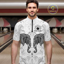 Load image into Gallery viewer, Man wearing custom black &amp; white tribal elephant  bowling 1/4 zip shirt, front view mockup, personalized bowling league jersey.