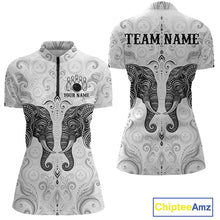 Load image into Gallery viewer, Custom black &amp; white tribal elephant  bowling quarter-zip shirt, front and back views, bowling league jersey for women