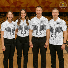 Load image into Gallery viewer, Bowling team wearing custom black &amp; white tribal elephant bowling shirts, group front view mockup, personalized team jerseys.