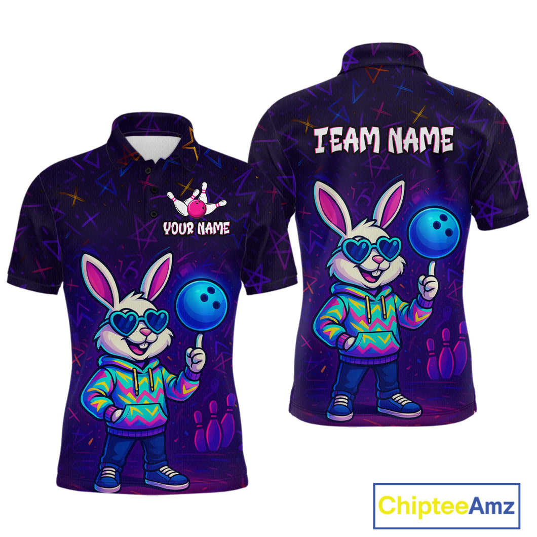 Custom Neon Funny Bunny Bowling Team Shirt Polo & 1/4 Zip Bowling Jersey for Men QZT789