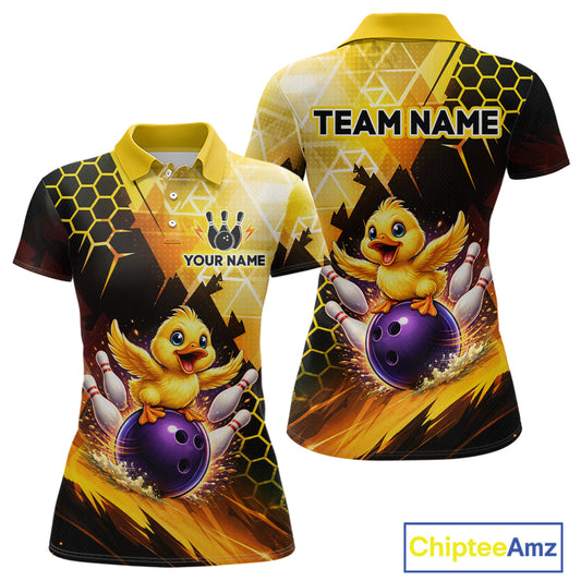 Custom Funny Duck Bowling Team Shirt for Women Yellow Bowling League Jersey Polo & 1/4 Bowling Outfit  QZT958