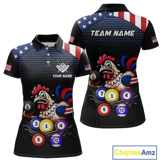 Custom Funny American Flag Chicken Billiard Shirt for Women Billiard Jersey Polo & Quarter-Zip Pool Shirt BHT28