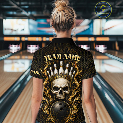 Woman wearing custom black and gold skull crown bowling 1/4 zip shirt, back view mockup, personalized bowling league jersey.