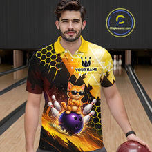 Load image into Gallery viewer, Man wearing a colorful bowling-themed shirt with a cat design in a bowling alley.