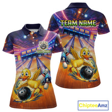 Load image into Gallery viewer, Bowling-themed polo shirt with cartoon ducks and customizable text on a white background