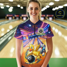 Load image into Gallery viewer, Woman wearing a colorful bowling jersey with a duck graphic in a bowling alley.