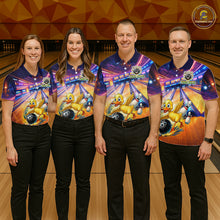 Load image into Gallery viewer, Four people wearing colorful bowling shirts with cartoon characters on a bowling alley.