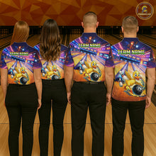 Load image into Gallery viewer, Four people wearing bowling shirts with cartoon characters and 'Team Name' text on a bowling alley background.