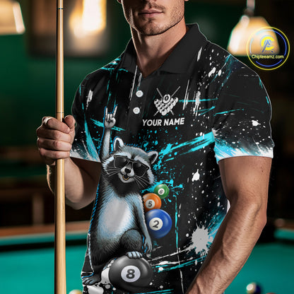 Custom Turquoise Funny Raccoon Billiard Shirt for Men 8 Ball & 9 Ball Pool Billiard Jersey Polo & 1/4-Zip BHT44