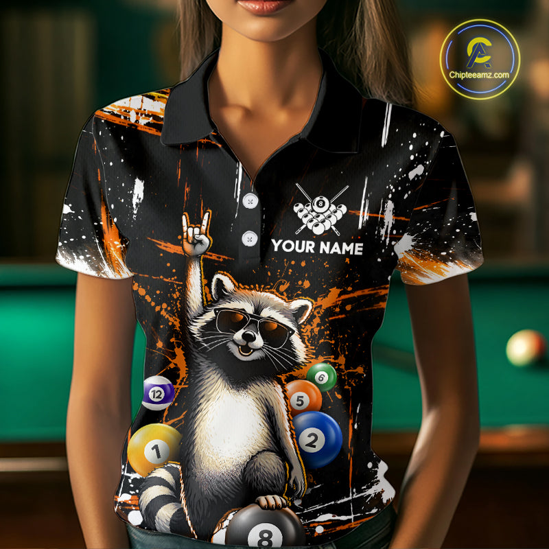 Custom Orange Funny Raccoon Billiard Shirt for Women 8 Ball & 9 Ball Pool Billiard Jersey Polo & 1/4-Zip BHT44