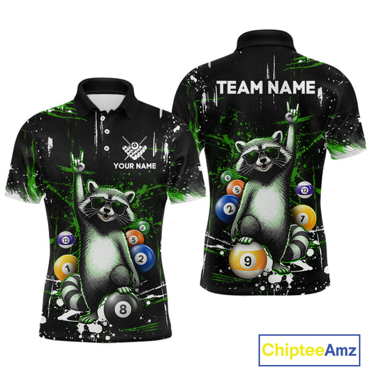 Polo shirt with raccoon design and billiard balls, customizable with 'Your Name' and 'Team Name'.