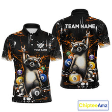 Load image into Gallery viewer, Black polo shirt with raccoon design and billiard balls, customizable text on a white background.