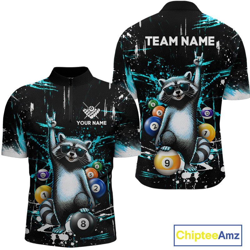 Shirt with raccoon design and customizable text on a black background