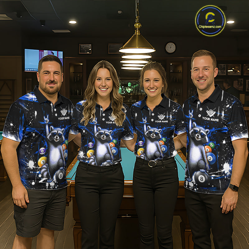 Four people wearing matching shirts with a raccoon design in a bar setting.