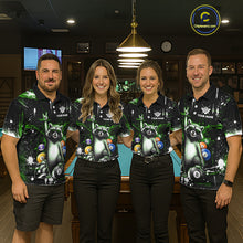 Load image into Gallery viewer, Four people wearing matching shirts with a raccoon and bowling ball design in a casual setting.