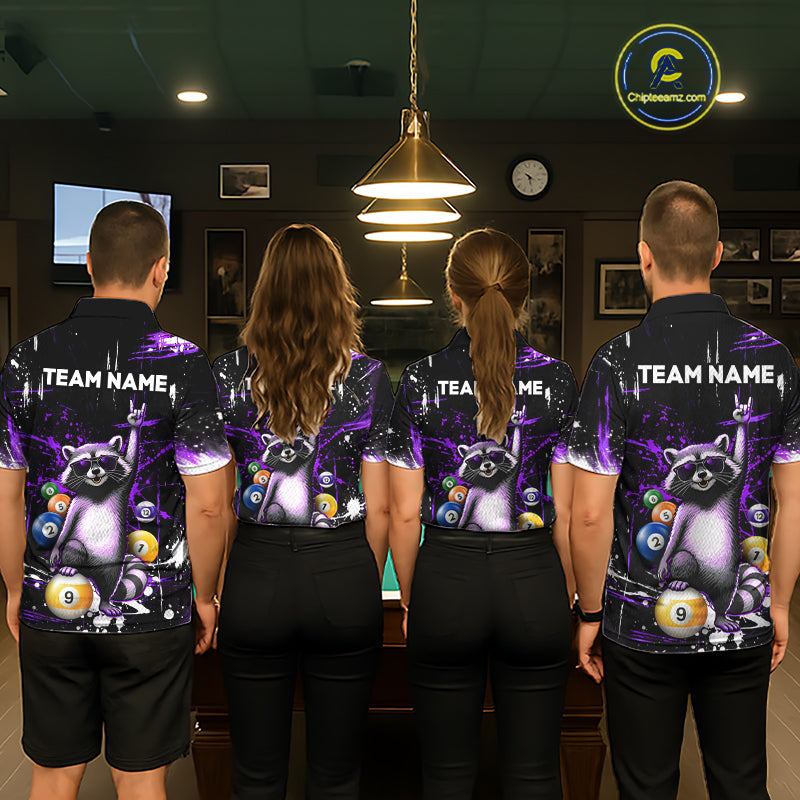 Custom Purple Funny Raccoon Billiard Shirt for Men 8 Ball & 9 Ball Pool Billiard Jersey Polo & 1/4-Zip BHT44