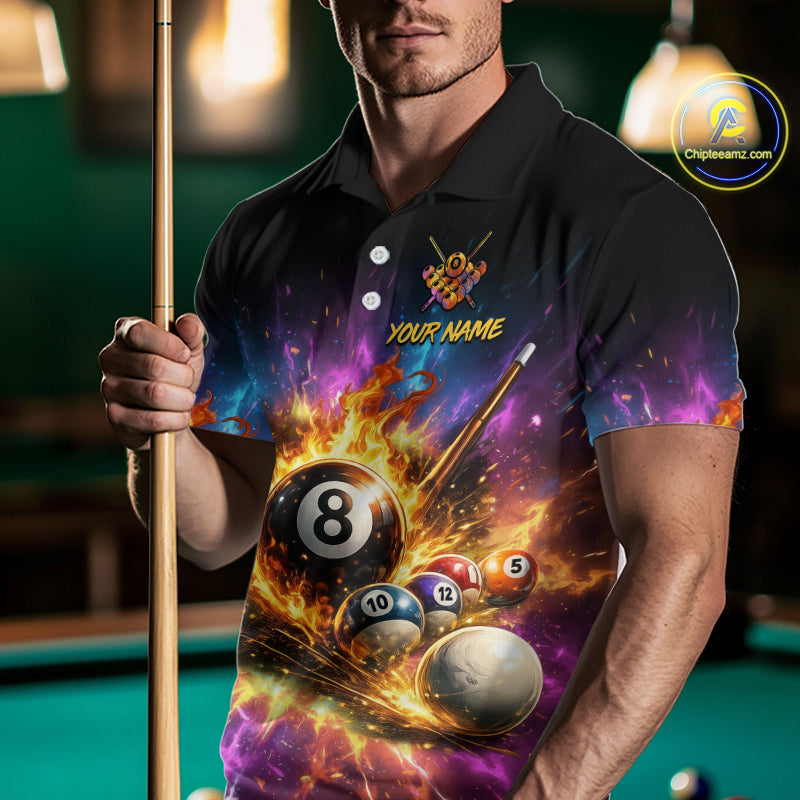 Person wearing a colorful pool-themed shirt with a pool cue, set against a pool table background.