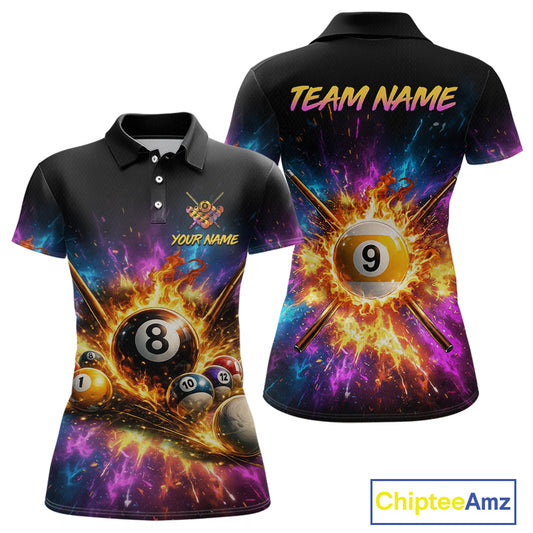 Black polo shirt with colorful pool ball design on front and back, featuring 'Team Name' and 'Your Name' text.