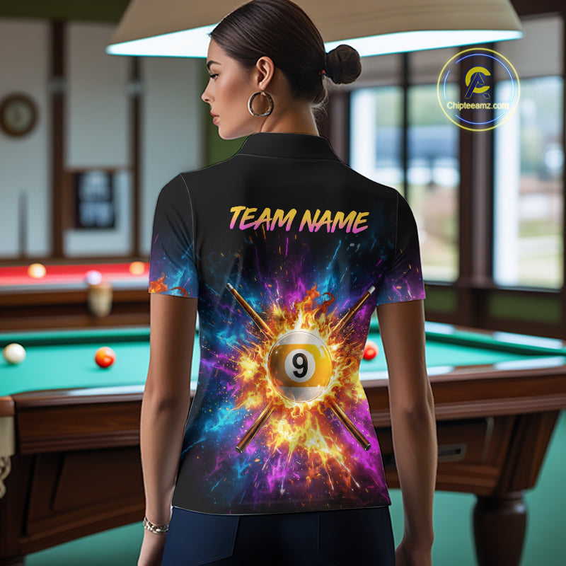 Person wearing a colorful shirt with a 9-ball design in a pool hall.