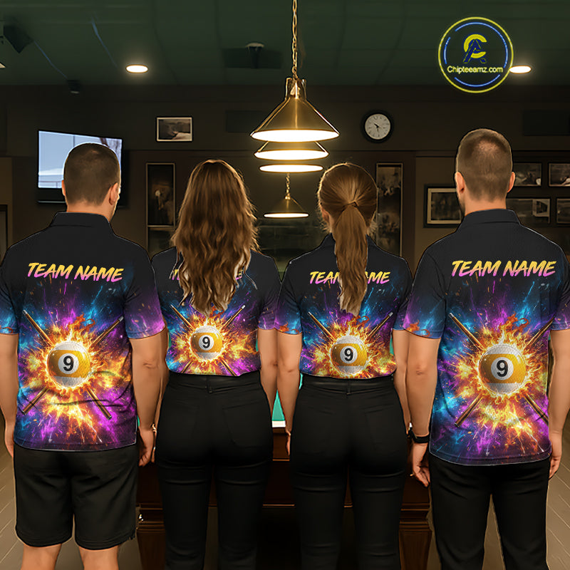 Four people wearing matching shirts with a colorful design and 'Team Name' text in a pool hall.
