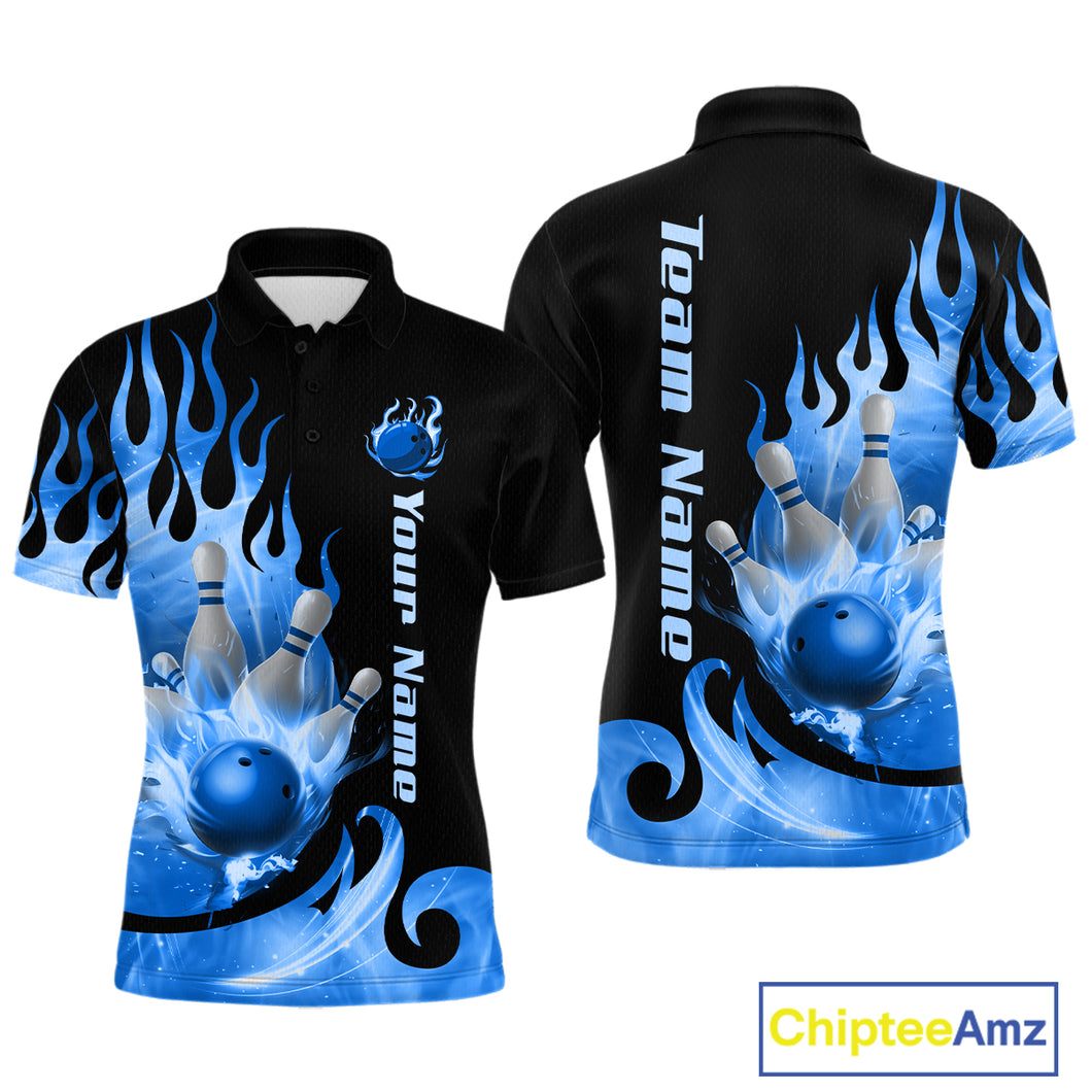 Blue Flame Bowling Team Shirt for Men Bowling League Jersey Polo & 1/4 Zip Bowling Outfit QZT782