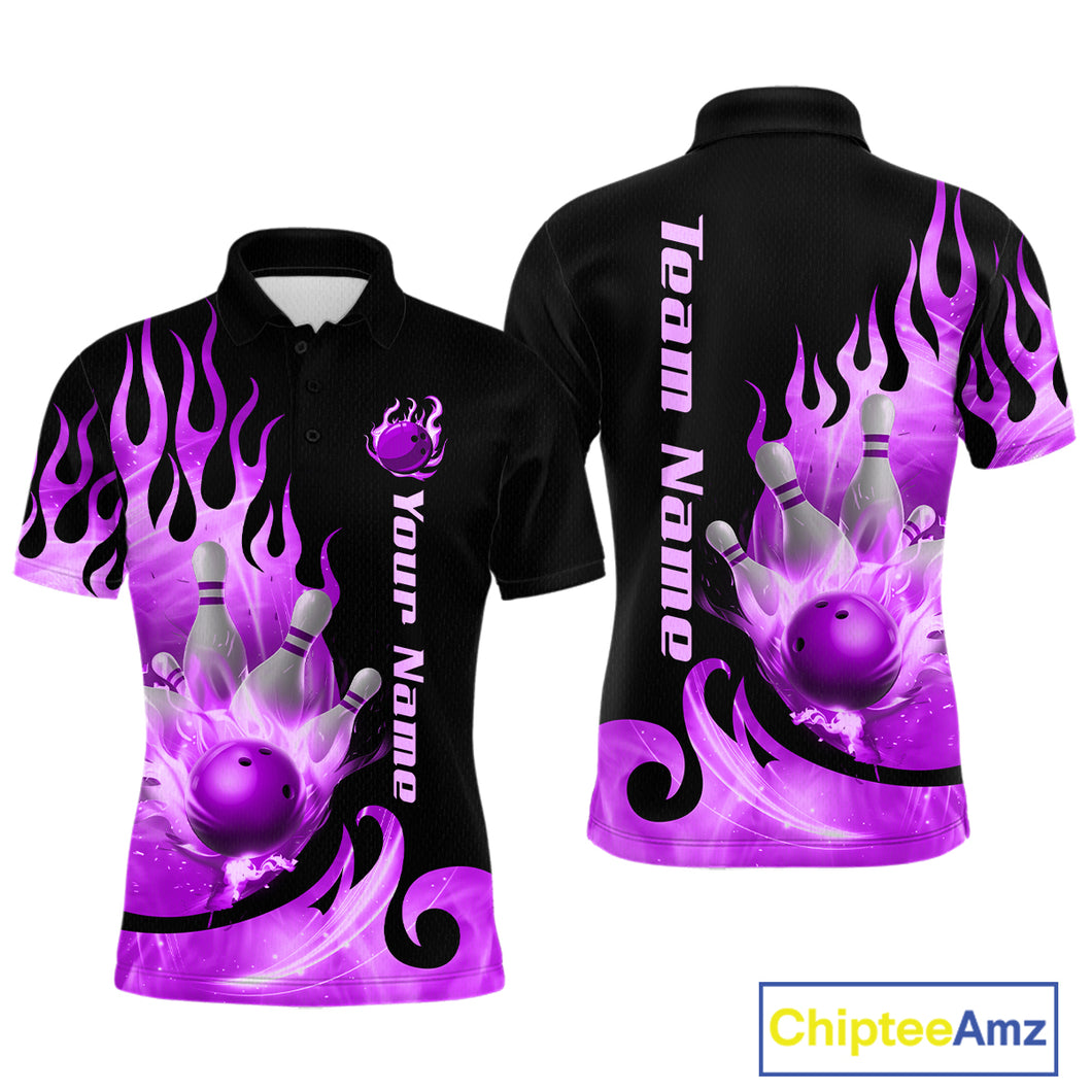 Purple Flame Bowling Team Shirt for Men Bowling League Jersey Polo & 1/4 Zip Bowling Outfit QZT782