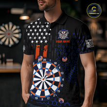 Load image into Gallery viewer, Male model wearing a custom black darts polo shirt featuring an American flag star pattern, a large dartboard graphic, and customizable 'YOUR NAME' text on the chest