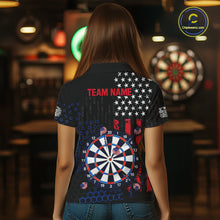 Load image into Gallery viewer, Back view of a female model wearing a custom black darts polo shirt featuring an American flag design, a large dartboard graphic, and 'TEAM NAME' printed in red