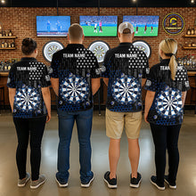 Load image into Gallery viewer, Back view of four people in a sports bar wearing matching custom darts team polo shirts with an grey American flag design, a dartboard graphic, and 'TEAM NAME' text.