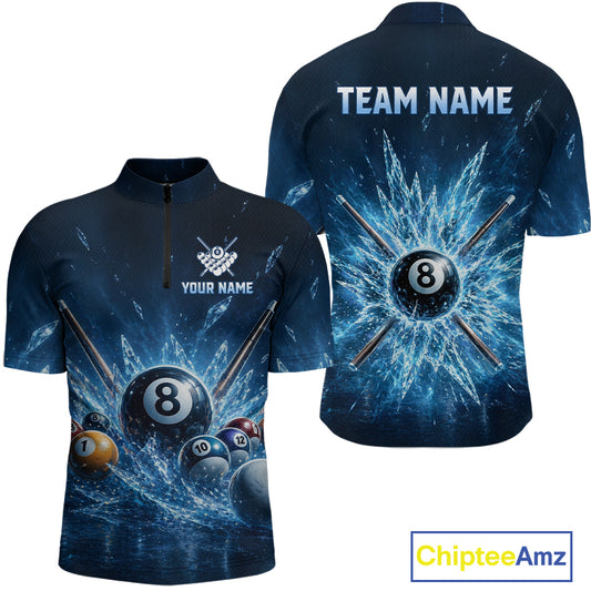 Front and back view of men’s custom ice billiard quarter‑zip shirt with 8 ball frozen pool design