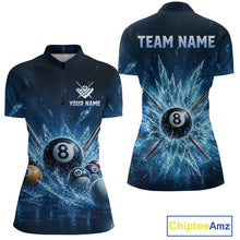 Load image into Gallery viewer, Front and back view of women’s custom ice billiard quarter‑zip shirt with 8 ball frozen pool design