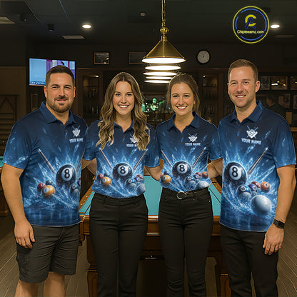 Front view of matching custom ice 8 ball billiard polo shirts worn by a team