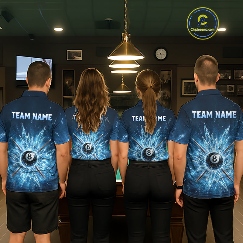 Back view of matching custom ice 8 ball billiard polo shirts worn by a team