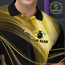 Load image into Gallery viewer, Black and gold bowling shirt with a logo and 'Your Name' text, brand 'Chipleemz' visible.