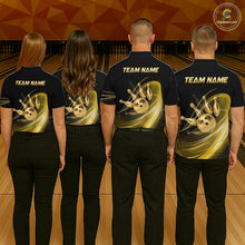 Load image into Gallery viewer, Four people wearing black shirts with a bowling design and 'Team Name' text on a bowling alley background.