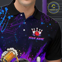 Load image into Gallery viewer, Person wearing a colorful bowling-themed polo shirt with a logo and text overlay.