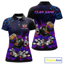 Load image into Gallery viewer, Bowling-themed polo shirt with customizable text on a black and purple background
