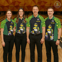 Load image into Gallery viewer, Four people standing together in a bowling alley wearing matching custom bowling shirts with a green and black turtle graphic, black pants, and bowling-themed collars.