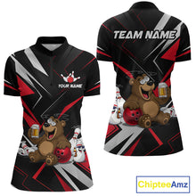 Load image into Gallery viewer, Black bowling-themed polo shirt with bear design and customizable text, featuring Chiptee Amz branding.