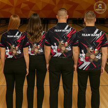 Load image into Gallery viewer, Four people wearing bowling shirts with team logos on a bowling alley.