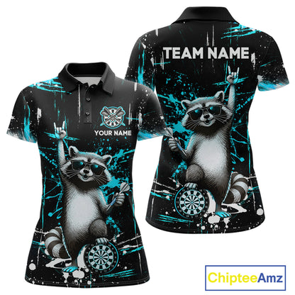 Custom Turquoise Funny Raccoon Dart Team Shirt for Women Dart Jersey Polo & /4-Zip Dartboard Shirt Outfit DHT29